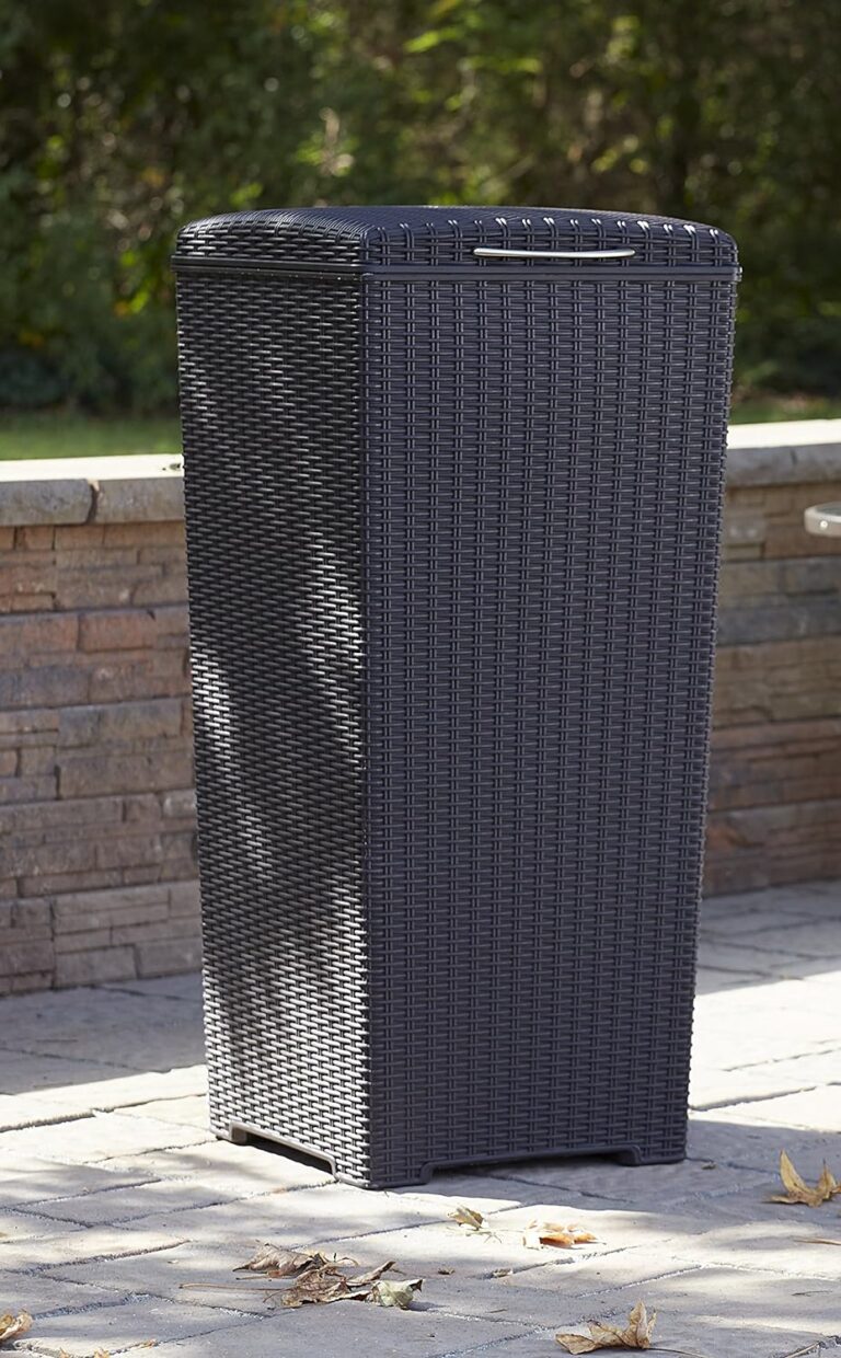 Keter Pacific 33 Gallon Resin Rattan Large Outdoor Trash Can with Lid