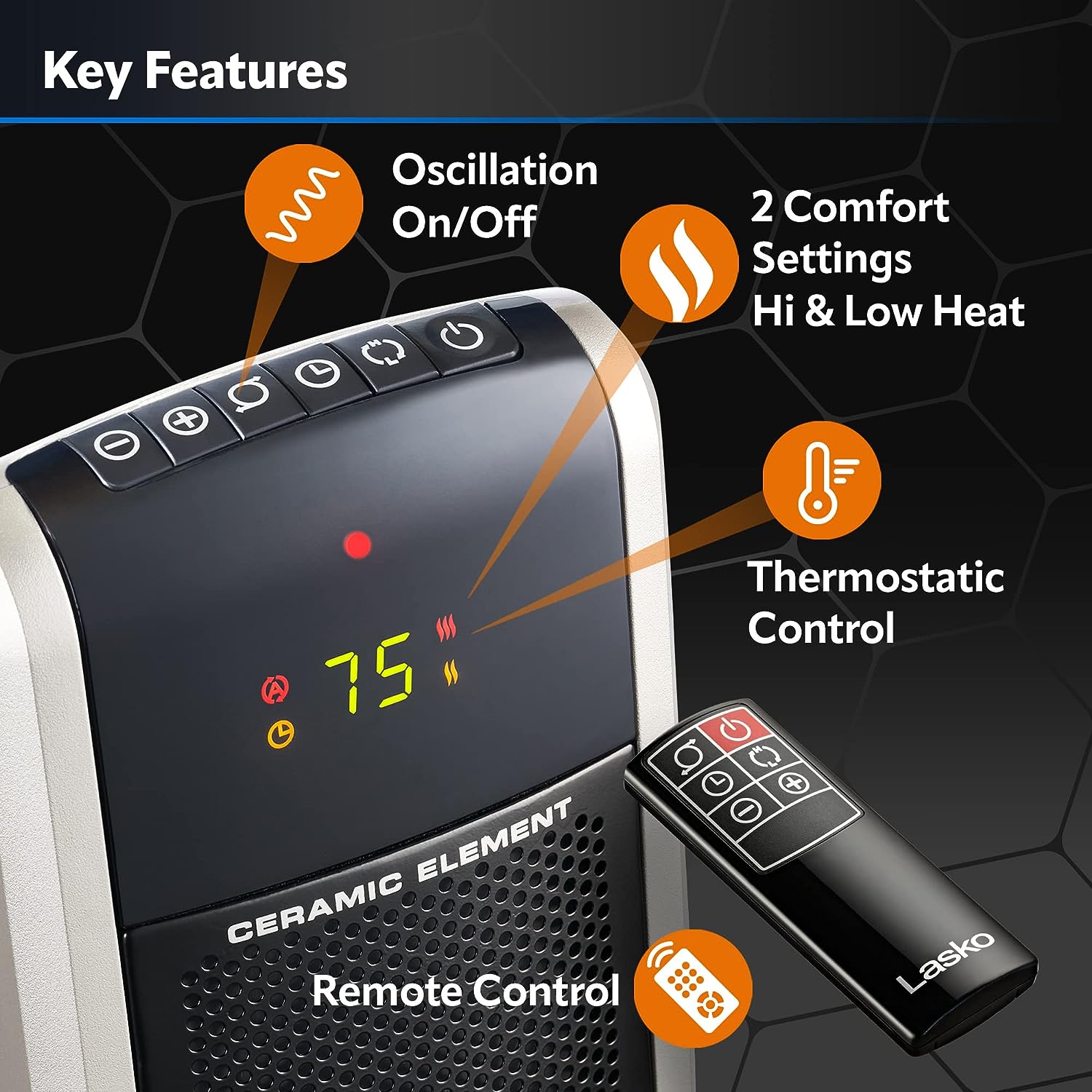 Lasko 29” Ceramic Tower Heater for Large Rooms, Whole Room Heating with Oscillation, Overheat Protection, Digital Display, Timer, Remote Control, 1500W, Black, 55862