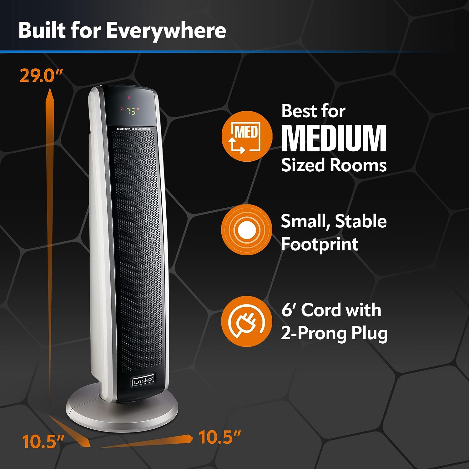 Lasko 29” Ceramic Tower Heater for Large Rooms, Whole Room Heating with Oscillation, Overheat Protection, Digital Display, Timer, Remote Control, 1500W, Black, 55864