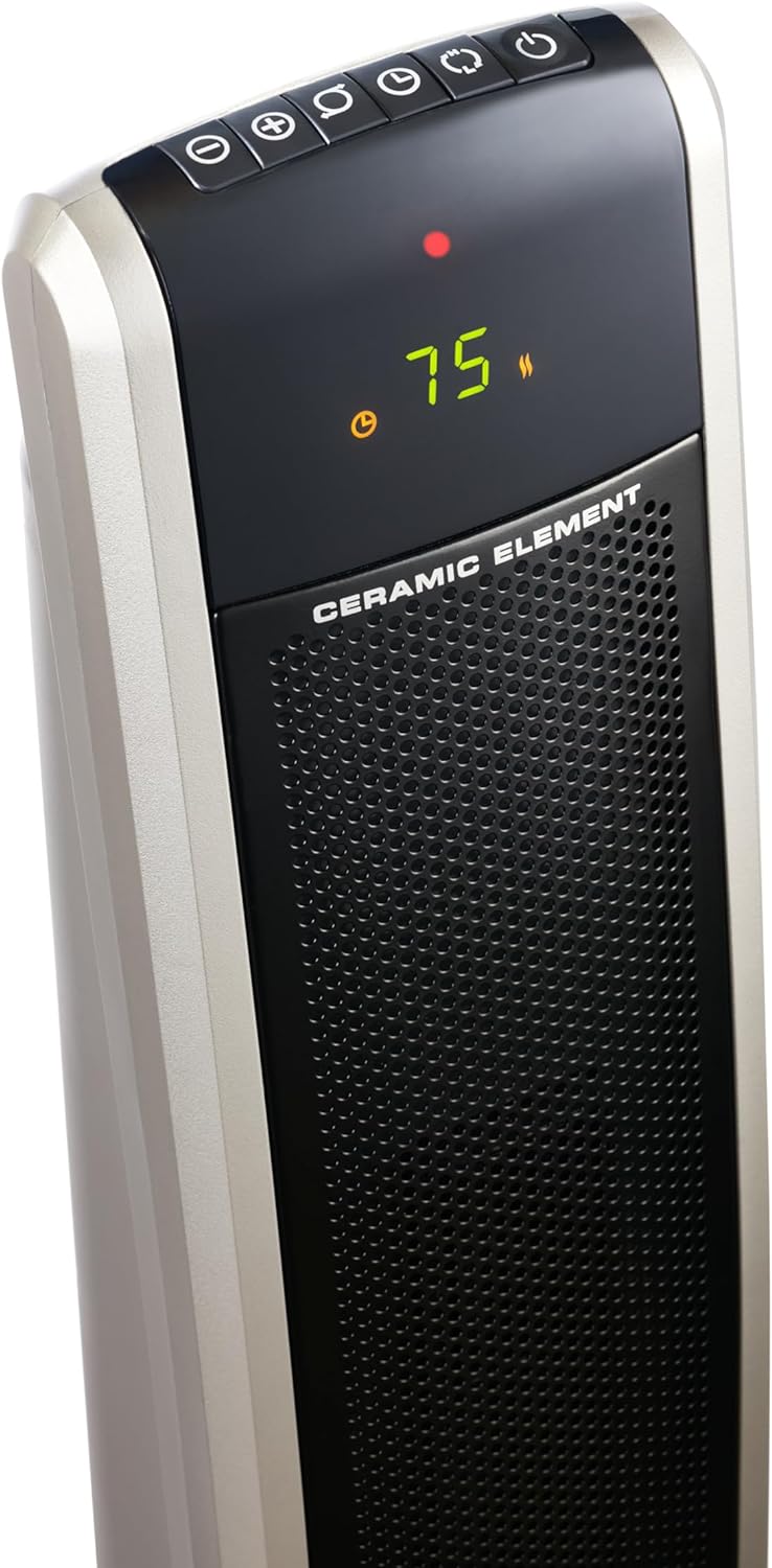 Lasko 29” Ceramic Tower Heater for Large Rooms, Whole Room Heating with Oscillation, Overheat Protection, Digital Display, Timer, Remote Control, 1500W, Black, 55867