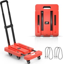 Ronlap Folding Hand Truck, Foldable Dolly Cart for Moving, 500lbs Heavy Duty Luggage Cart, Portable Platform Cart Collapsible Dolly with 6 Wheels & 2 Ropes for Travel House Office Moving, Orange