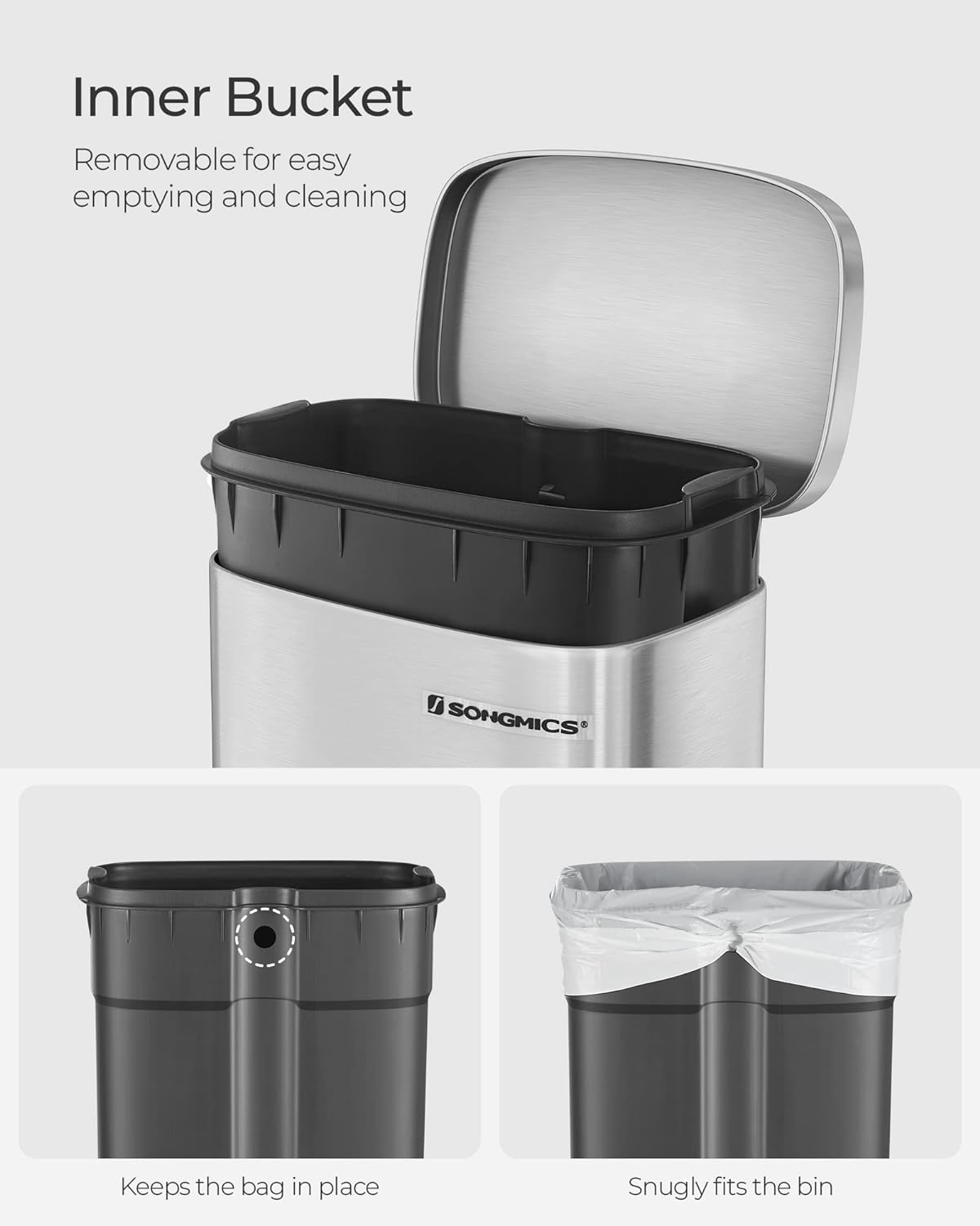 SONGMICS 8 Gal Trash Can, Kitchen Trash Can, Stainless Steel Garbage Can,  with Hinged Lid, Plastic Inner Bucket, Soft Closure, Odor Proof, Hygienic,  Silver ULTB03NL