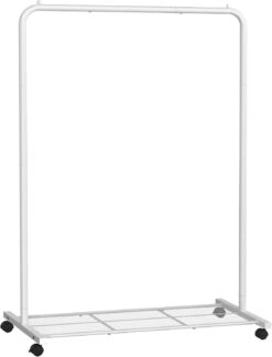 SONGMICS Clothes Rack with Wheels, 36 Inch Garment Rack, Clothing Rack for Hanging Clothes, with Dense Mesh Storage Shelf, 110 lb Load Capacity, 2 Brakes, Steel Frame, White UHSR025W01