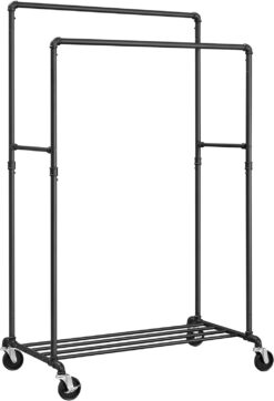 SONGMICS Heavy-Duty Clothes Rack, 39.4 Inch Clothing Rack with Storage Shelf, Double-Rod Garment Rack on Wheels, Metal Frame, 2 Casters with Brakes, Holds up to 198 lb, Black UHSR60B