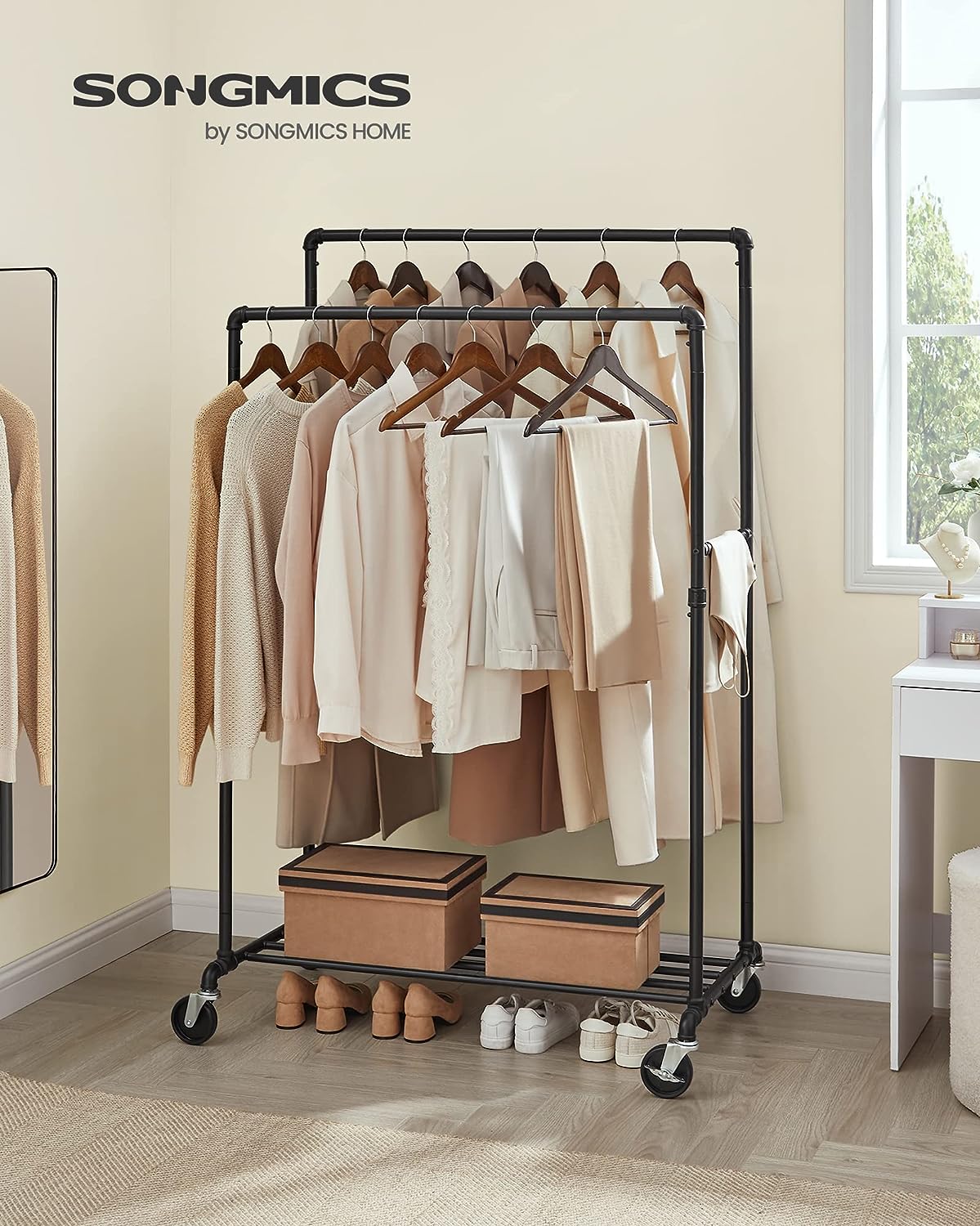 Clothes Rack Heavy Duty Metal Garment Rack with 2-tier Shelves for