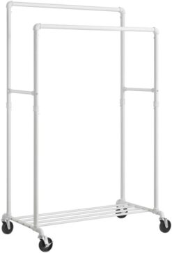 SONGMICS Heavy-Duty Clothes Rack, 39.4 Inch Clothing Rack with Storage Shelf, Double-Rod Garment Rack on Wheels, Metal Frame, 2 Casters with Brakes, Holds up to 198 lb, White UHSR060W01