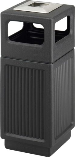 Safco Products Canmeleon Outdoor-Indoor Recessed Panel Trash, Garbage Can with Ash Urn 9474BL Black Decorative Fluted Panels Stainless Steel Ashtray 15 Gallon Capacity