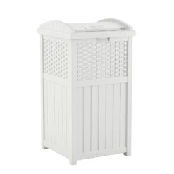 Suncast 33 Gallon Hideaway Trash Can for Patio - Resin Outdoor Trash with Lid - Use in Backyard, Deck, or Patio - White
