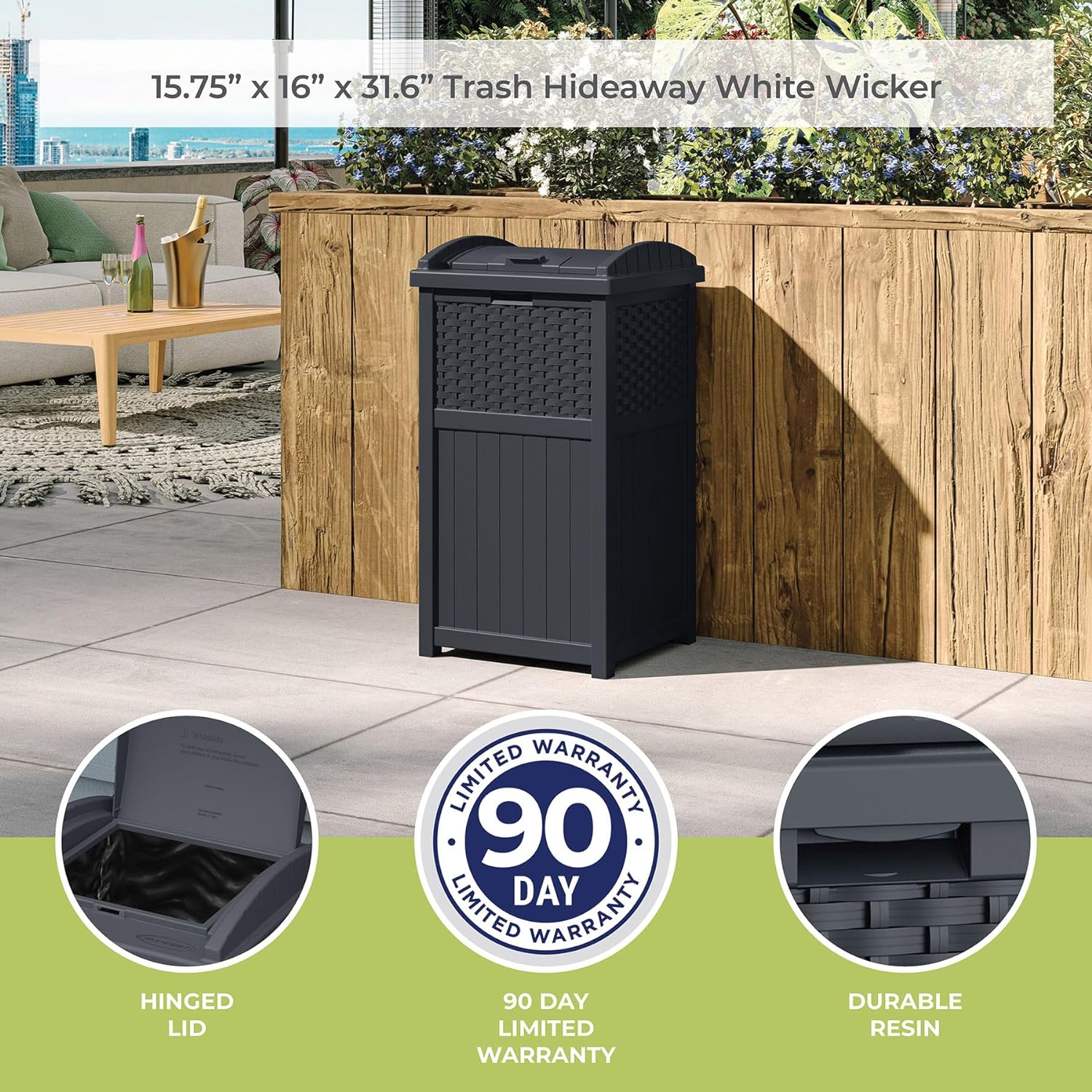 Suncast Wicker Resin Outdoor Hideaway Trash Can with Latching Lid Dark Taupe