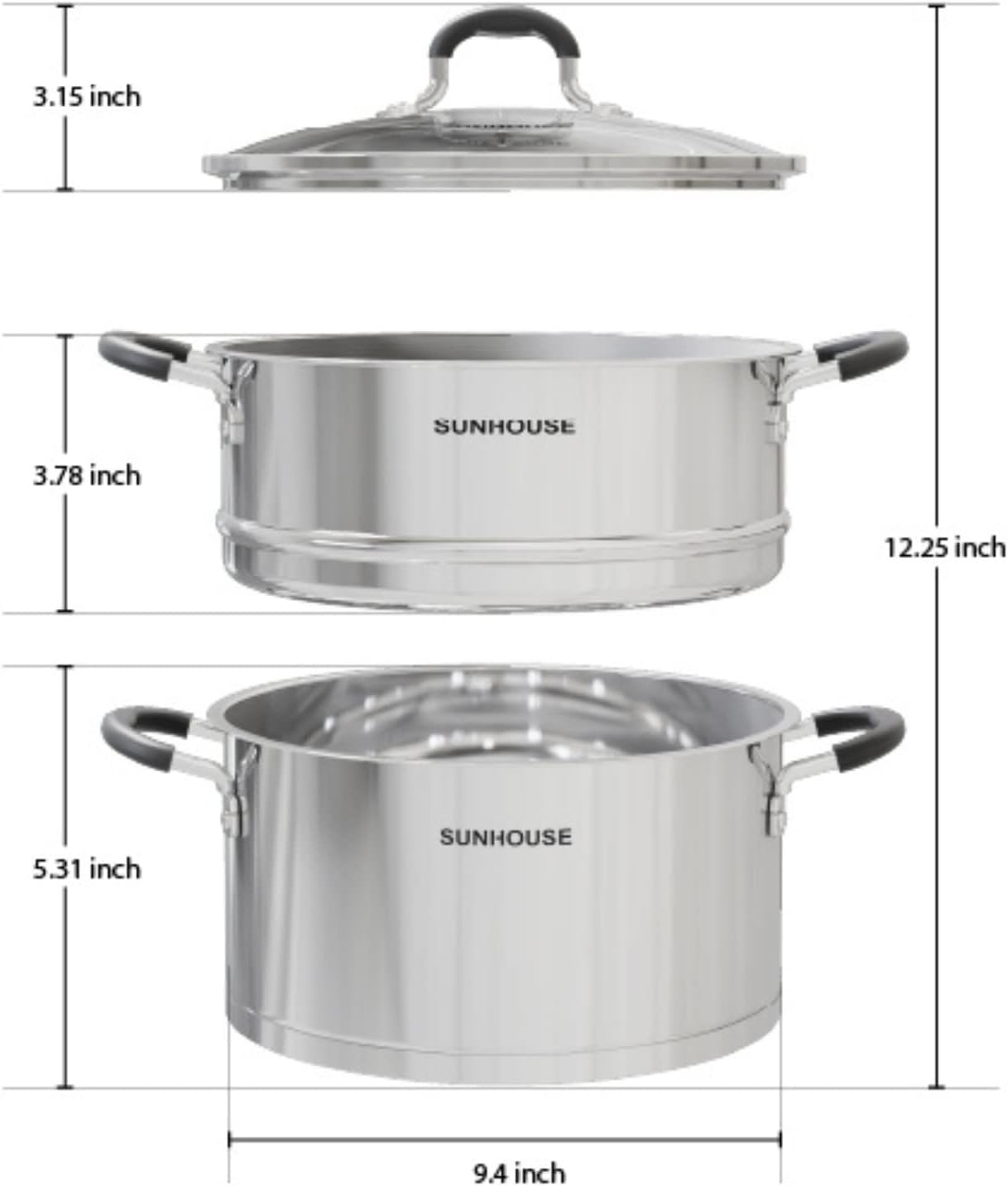  SUNHOUSE – 9 Quarts Multipurpose Stock Pot and Steamer Pot with  PFOA-free, 18/10 Stainless Steel Steam Pot for Cooking Vegetables, Seafood  - Cooking Pot with Lid Suitable for Soups, Stews and