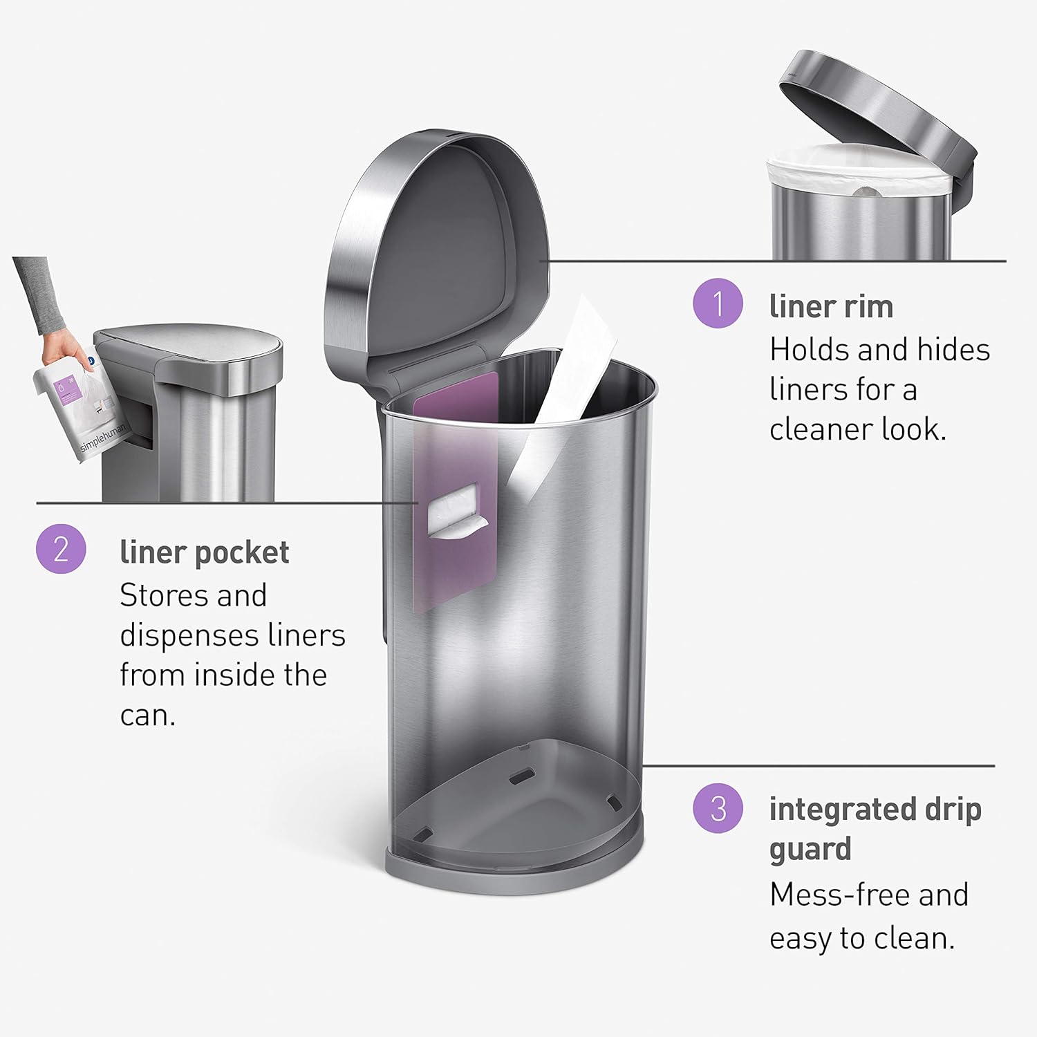 simplehuman Semi-Round Sensor Trash Can, 45 Liters - Brushed Stainless Steel