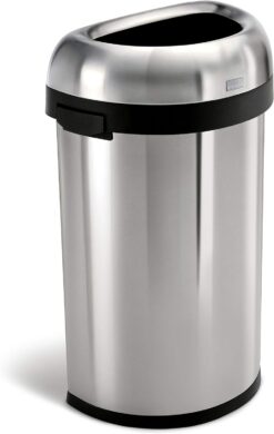 simplehuman 60 Liter / 15.9 Gallon Large Semi-Round Open Top Trash Can Commercial Grade Heavy Gauge, Brushed Stainless Steel