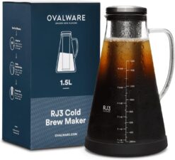 Airtight Cold Brew Iced Coffee Maker Pitcher (& Iced Tea Maker) with Spout – 1.5L/ 51oz Ovalware RJ3 Brewing Glass Carafe with Removable Stainless Steel Filter