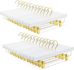 Amber Home White Wooden Pants Skirts Hangers 24 Pack, Solid Wood Trousers Bottom Hanger with 2-Adjustable Gold Clips, Clips Hangers for Slacks, Jeans, Shorts (White + Gold, 24)