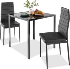 Best Choice Products 3-Piece Dining Set, Modern Kitchen Table Furniture for Dining Room, Dinette, Compact Space-Saving w/Glass Tabletop, 2 Upholstered PU Leather Chairs, Steel Frame - Black