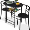 Best Choice Products 3-Piece Wooden Round Table & Chair Set for Kitchen, Dining Room, Compact Space w/Steel Frame, Built-in Wine Rack - Black