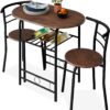 Best Choice Products 3-Piece Wooden Round Table & Chair Set for Kitchen, Dining Room, Compact Space w/Steel Frame, Built-in Wine Rack - Black/Brown