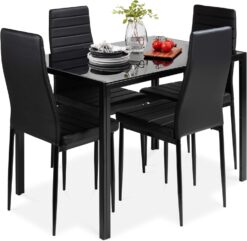 Best Choice Products 5-Piece Kitchen Dining Table Set for Dining Room, Kitchen, Dinette, Compact Space w/Glass Tabletop, 4 Faux Leather Metal Frame Chairs - Black