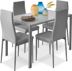 Best Choice Products 5-Piece Kitchen Dining Table Set for Dining Room, Kitchen, Dinette, Compact Space w/Glass Tabletop, 4 Faux Leather Metal Frame Chairs - Gray