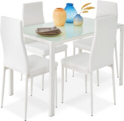 Best Choice Products 5-Piece Kitchen Dining Table Set for Dining Room, Kitchen, Dinette, Compact Space w/Glass Tabletop, 4 Faux Leather Metal Frame Chairs - White