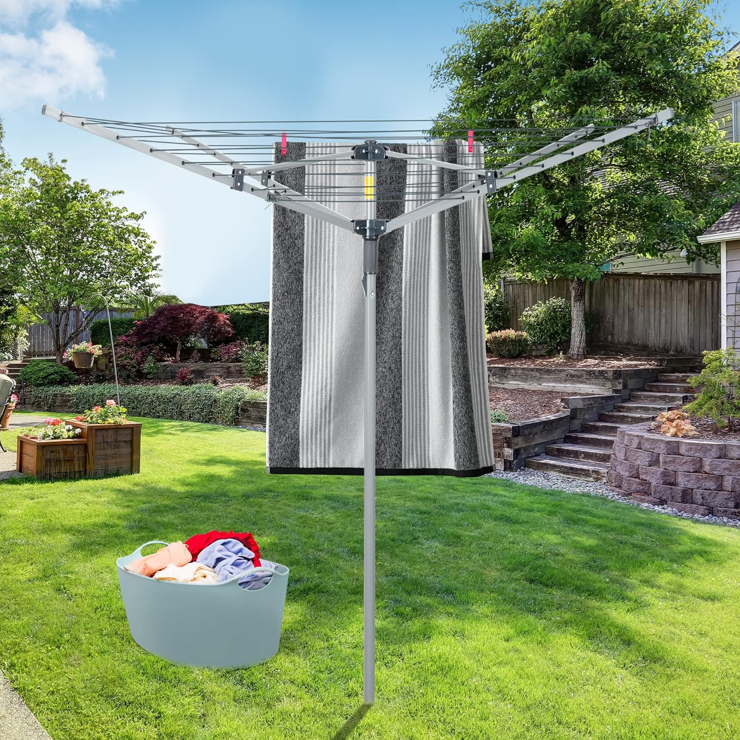 Bizvalue Collapsible 4-arm Rotary Outdoor Umbrella Drying Rack Clothes  Dryer Clothesline with 131ft Drying Space