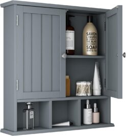 ChooChoo Bathroom Cabinet Wall Mounted 2-Door with 3 Open Shelves, Wooden Medicine Cabinets with Adjustable Shelf, Space Saver Storage Cabinets Over The Toilet for Bathroom&Living Room, Grey