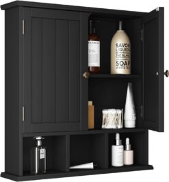 ChooChoo Bathroom Cabinet Wall Mounted 2-Door with 3 Open Shelves, Wooden Medicine Cabinets with Adjustable Shelf, Space Saver Storage Cabinets Over The Toilet for Bathroom&Living Room, Black