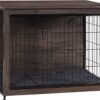 DWANTON Dog Crate Furniture with Cushion, Medium Wooden Dog Crate with Double Doors, Dog Furniture, Indoor Dog Kennel, End Table, Medium, 32.5" L, Dark Grey