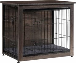 DWANTON Dog Crate Furniture with Cushion, Wooden Crate with Double Doors, Dog Kennel Indoor for Small/Medium/Large Dog, End Table, Small, 27.2