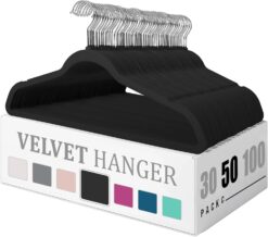 Flysums Premium Velvet Hangers 50 Pack, Heavy Duty Study Black Hangers for Coats, Pants & Dress Clothes - Non Slip Clothes Hanger Set - Space Saving Felt Hangers for Clothing