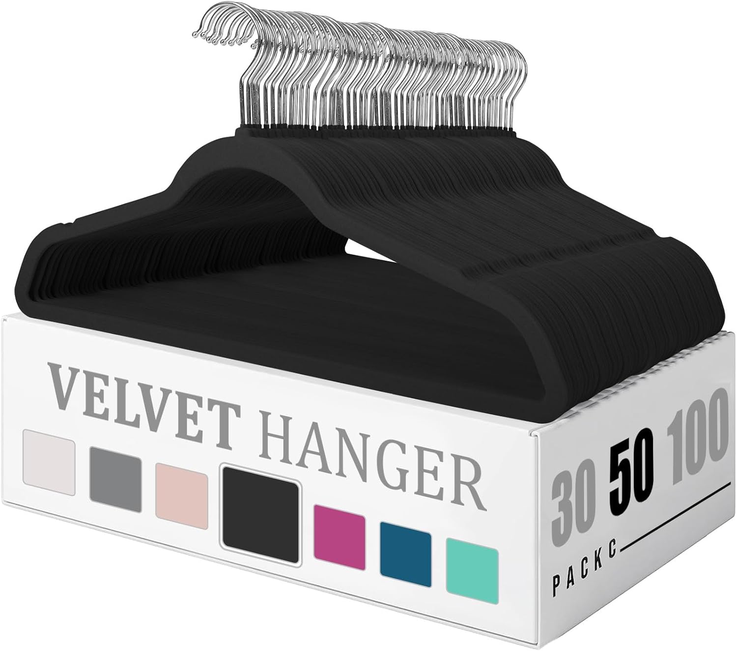 Non-Slip Velvet Clothing Hangers, 50 Pack, Black 