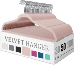 Flysums Premium Velvet Hangers 50 Pack, Heavy Duty Study Pink Hangers for Coats, Pants & Dress Clothes - Non Slip Clothes Hanger Set - Space Saving Felt Hangers for Clothing