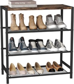 HOMEFORT 4-Tier Metal Shoe Rack, All-Metal Shoe Tower,Shoe Storage Shelf  with MDF Top Board,Each Tier Fits 3 Pairs of Shoes,Entryway Shoes Organizer  with Sturdy Metal Shelves .Rustic Brown