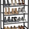 HOMEFORT 5-Tier Metal Shoe Rack, All-Metal Shoe Tower, Shoe Storage Shelf with MDF Top Board, Each Tier Fits 3 Pairs of Shoes, Entryway Shoes Organizer with Sturdy Metal Shelves in Rustic Brown