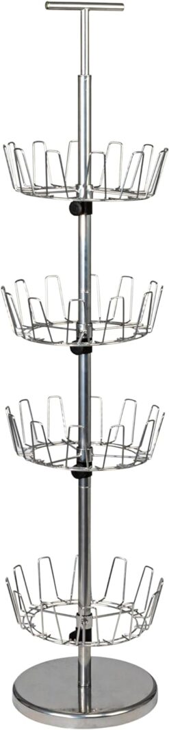 Household Essentials 4-Tier Revolving Shoe Tree, Heavy-Duty Steel with Stabilized Base, Holds 24 Pairs of Shoes, Great for Most Styles, Chromelike Finish