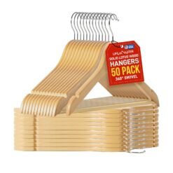 Lifemaster Tough Long Lasting Solid Maple Wooden Clothes Hangers - Pack of 50 Natural Wood Hangers with Rotating Swivel Hooks and Built-in Notches to Organize Jackets, Shirts, and Pants