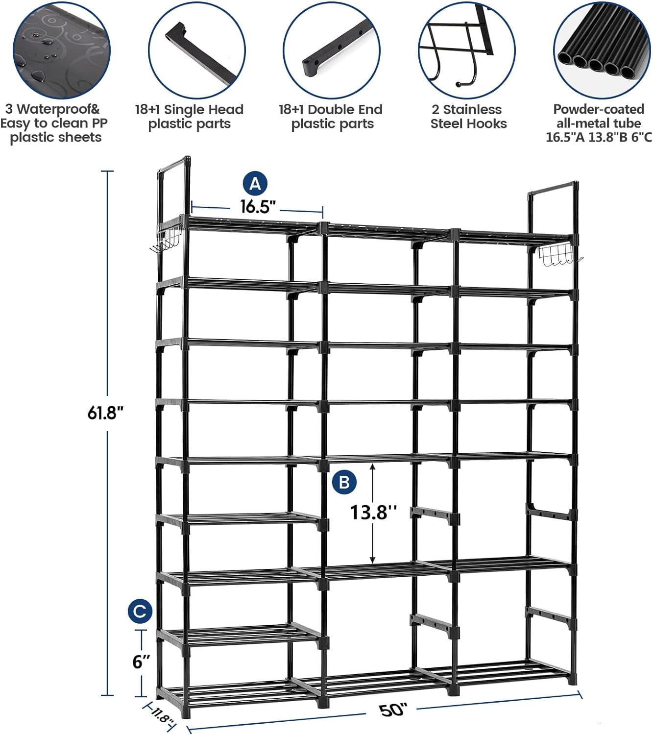 9 Tiers Metal Shoe Rack Organizer,50-55 Pairs Large Tall Shoe Storage,Shoe  Holder,Shoe Stand,Vertical Free Standing Shoe Shelf,Heavy Duty Boot Rack  for Entryway,Closet,Garage,Bedroom