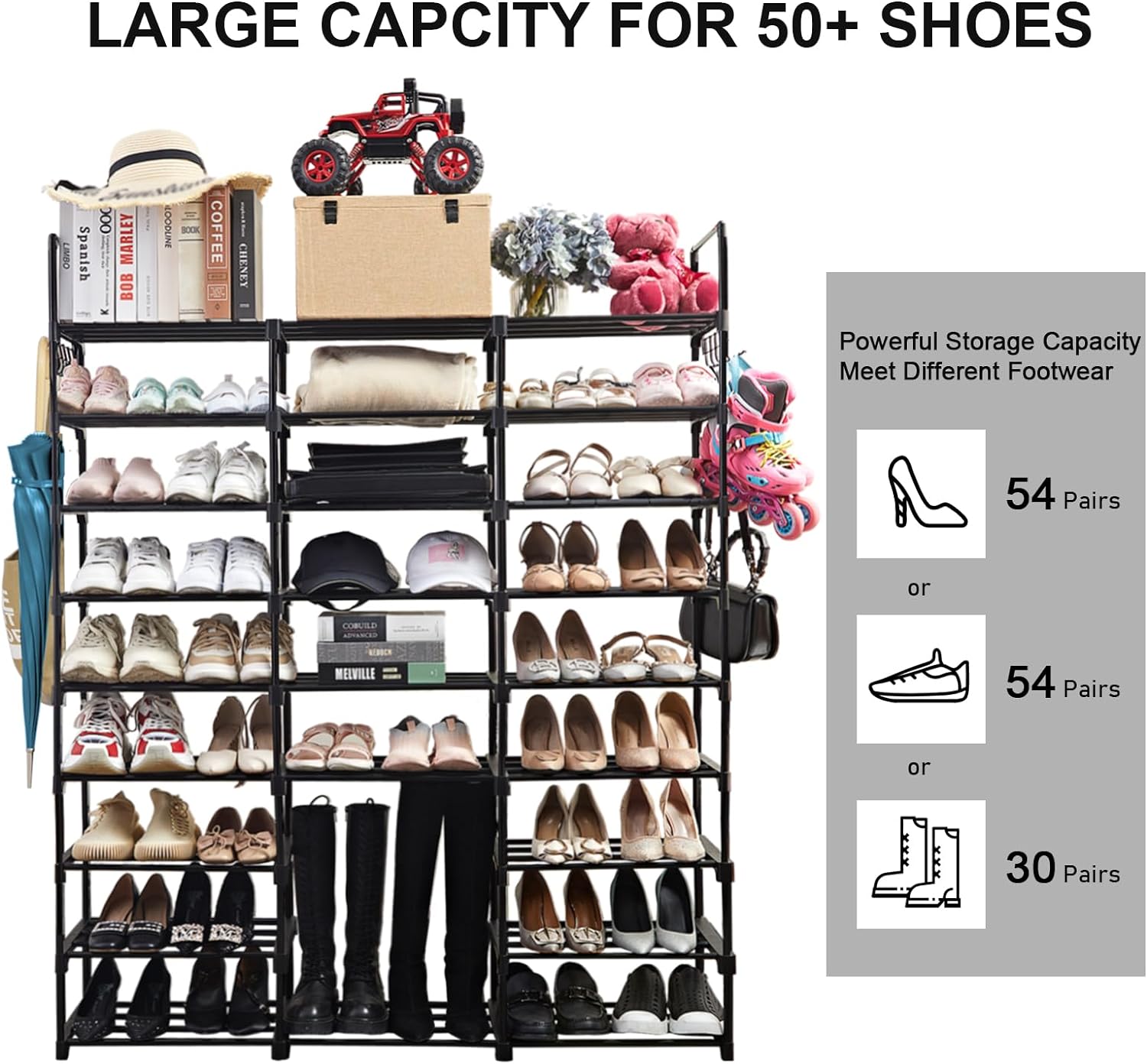 Heavy Duty 9 Tiers Shoe Rack Shoe Storage Shelf Free Standing Large 50-55  Pairs