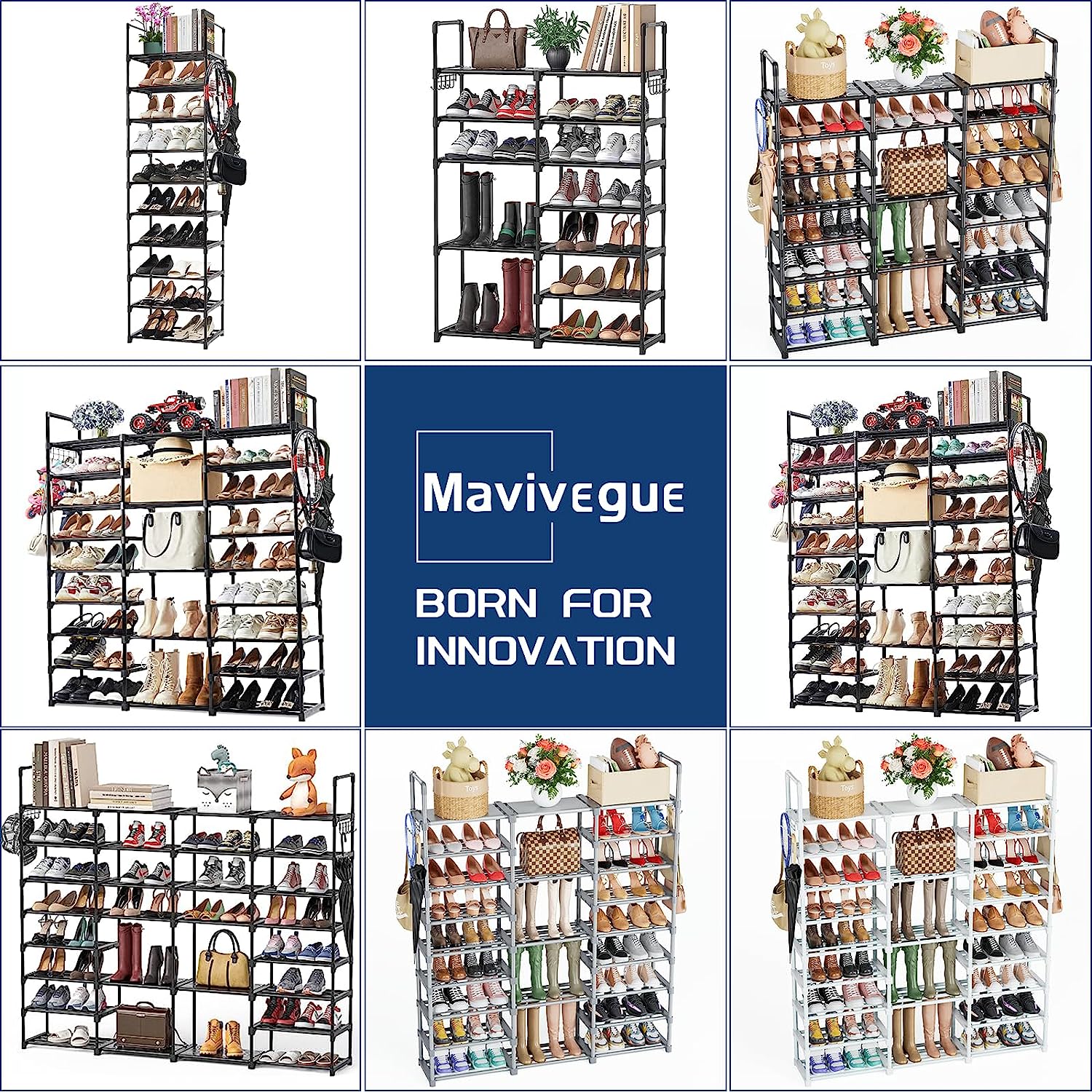 Mavivegue Extra Large Shoe Rack, 8 Tier 4 Rows 72-76 Pairs Big Tall Metal Shoe Shelf,Big Boot Rack Storage Organizer for Garage