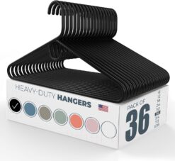 Neaties 36pk Made in USA Heavy Duty Plastic Clothes Hangers Bulk | 20 30 50 100 Pack Available | Strong Plastic Hangers | Jacket Coat Hangers | Thick Plastic Hanger for Closet and Clothing Hangars (Black)
