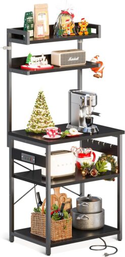ODK Bakers Rack with Power Outlet, Coffee Bar with Storage 5-Tiers, Microwave Stand Kitchen Rack 16.5 * 23.6 * 59 inches, Kitchen Shelf, Black