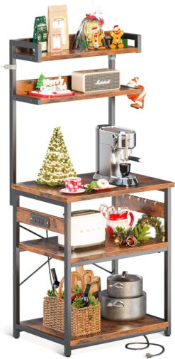ODK Bakers Rack with Power Outlet, Coffee Bar with Storage 5-Tiers, Microwave Stand Kitchen Rack 16.5 * 23.6 * 59 inches, Kitchen Shelf, Rustic Brown