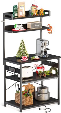 ODK Bakers Rack with Power Outlet, Coffee Bar with Storage 5-Tiers, Microwave Stand Kitchen Rack 16.5 * 31.5 * 59 inches, Kitchen Shelf, Black