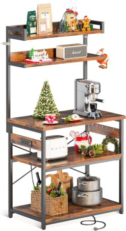 ODK Bakers Rack with Power Outlet, Coffee Bar with Storage 5-Tiers, Microwave Stand Kitchen Rack 16.5 * 31.5 * 59 inches, Kitchen Shelf,Rustic Brown