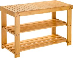 Pipishell Bamboo Shoe Rack Bench, 3 Tier Sturdy Shoe Organizer, Storage Shoe Shelf, Holds up to 300lbs for Entryway Bedroom Living Room Balcony, Bamboo