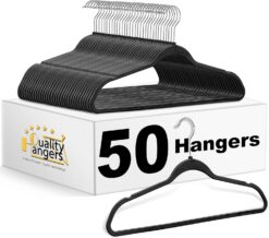 Quality Hangers 50 Pack Slim Plastic Hangers for Clothes - Heavy Duty Non-Velvet Hangers with 360° Swivel Chrome Hook & Non Slip Notches - Ideal for Dresses Coats Shirts Jackets & More - Black