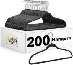 Quality Hangers Clothes Hangers 200 Pack - Non-Velvet Plastic Hangers for Clothes -Heavy Duty Coat Hanger, Space-Saving Closet Hangers with Chrome Swivel Hook, Functional Non-Flocked Hangers, Black