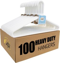 Quality White Hangers 100-Pack - Super Heavy Duty Plastic Clothes Hanger Multipack - Thick Strong Standard Closet Clothing Hangers with Hook for Scarves and Belts-17 Coat Hangers (White, 100)