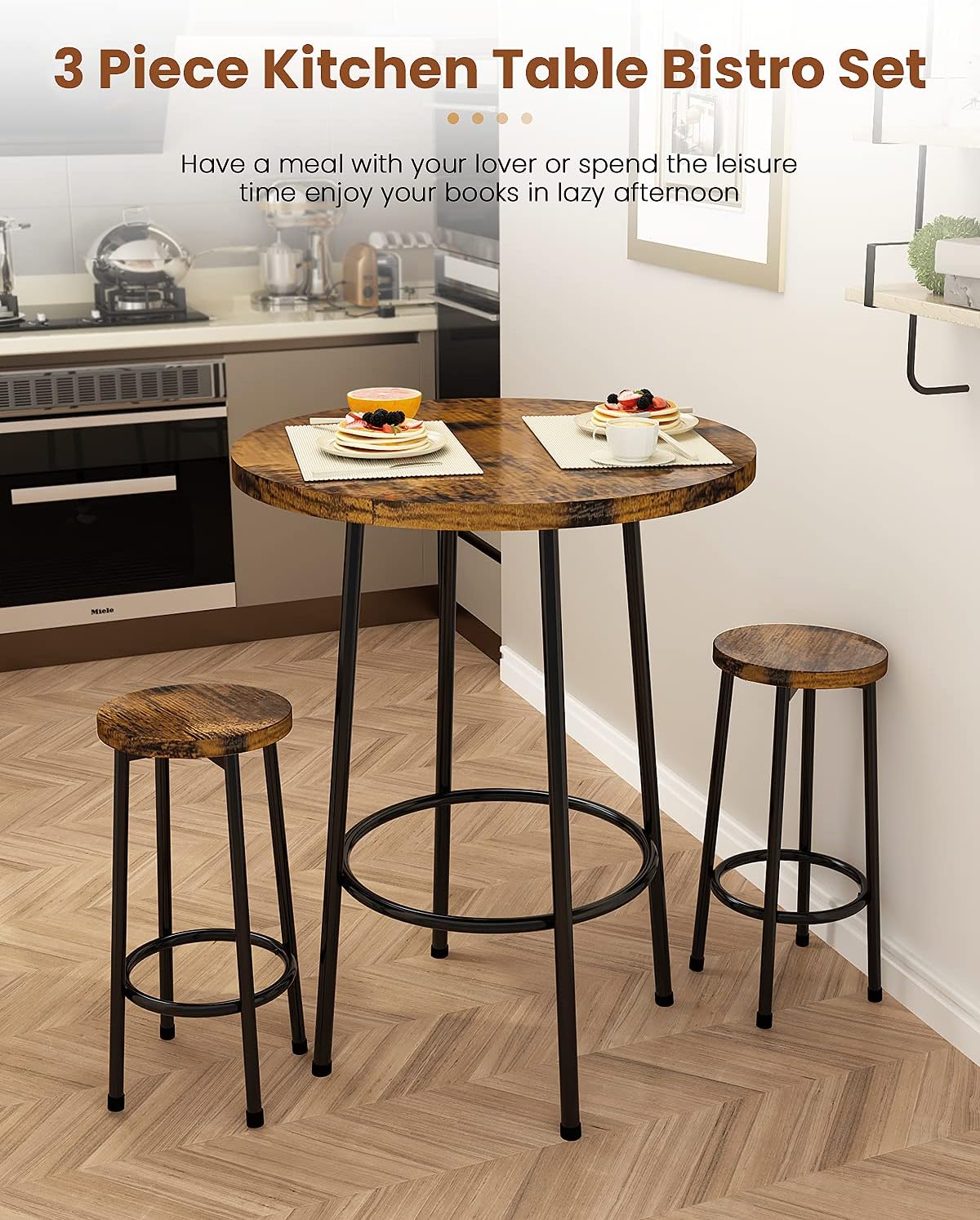 Recaceik 3 Piece Pub Dining Set, Modern Round bar Table and Stools for 2 Kitchen  Counter Height Wood Top Bistro Easy Assemble for Breakfast Nook Living Room  Small Space Restaurant, Rustic Brown