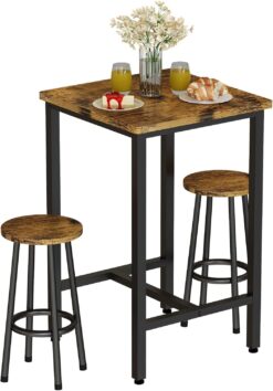 Recaceik 3 Piece Pub Dining Set, Modern bar Table and Stools for 2 Kitchen Counter Height Wood Top Bistro Easy Assemble for Breakfast Nook Living Room Small Space Restaurant, Rustic Brown 24”